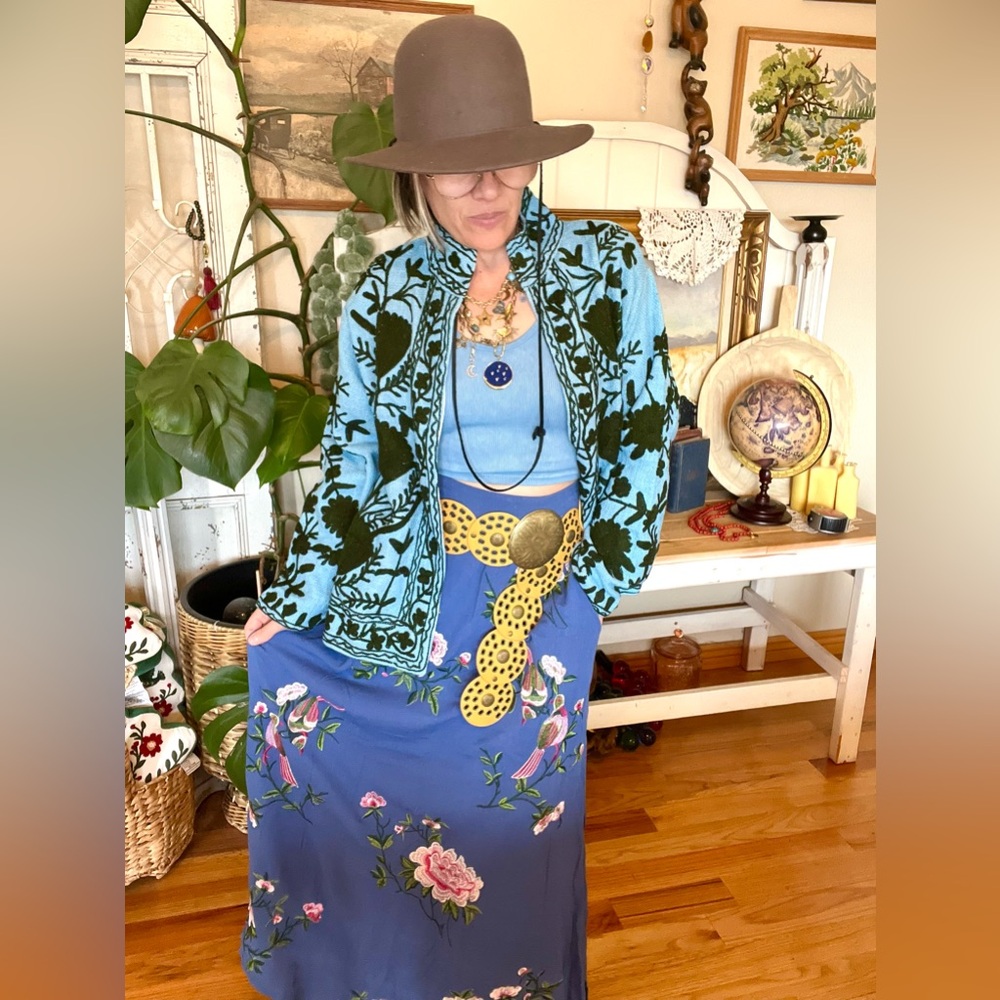 #80 Stunning Suzani Embroidered Blue And Dark Green Boho Jacket With Pinstripes